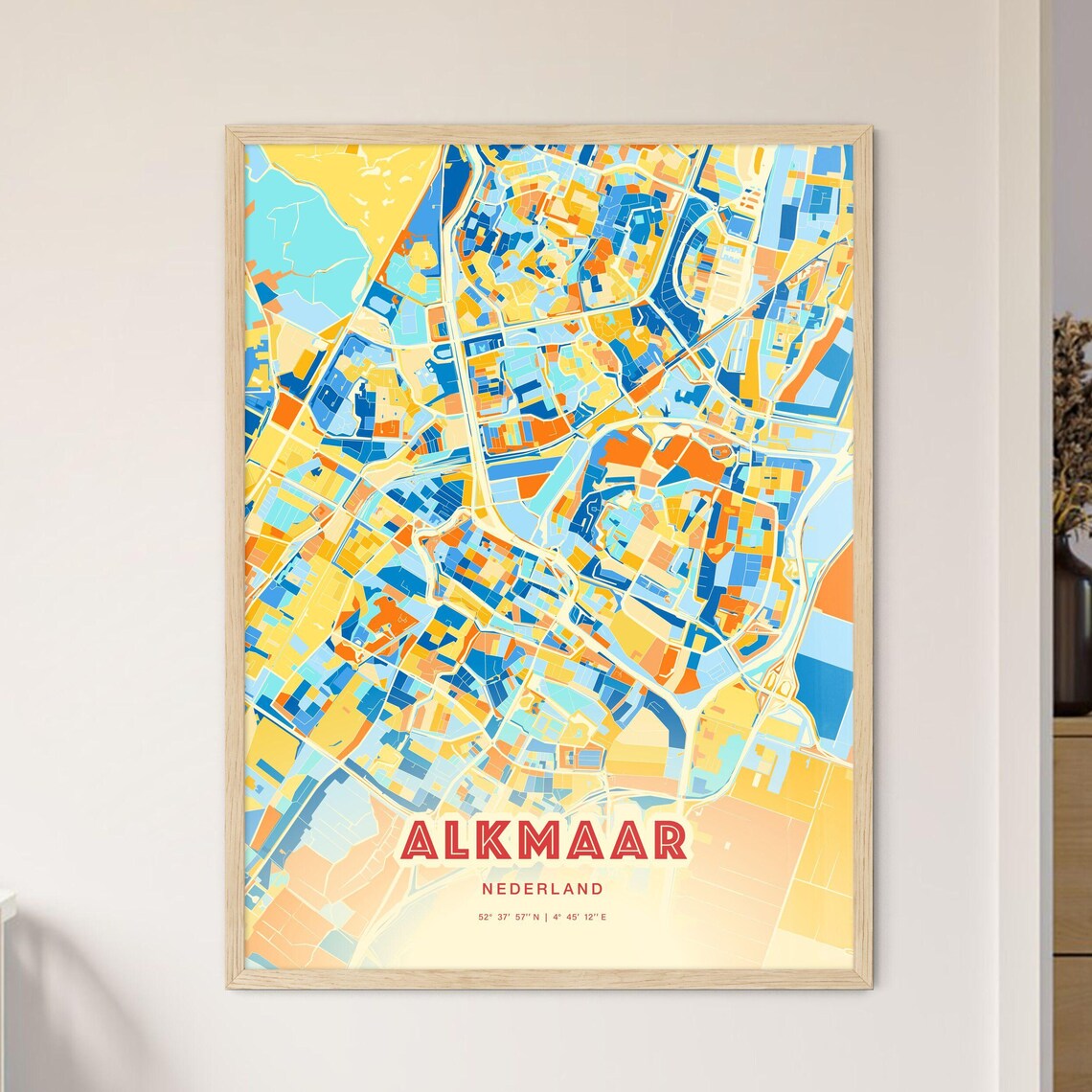 Alkmaar Netherlands Blue Orange Colorful City Map Art Poster With Coordinates