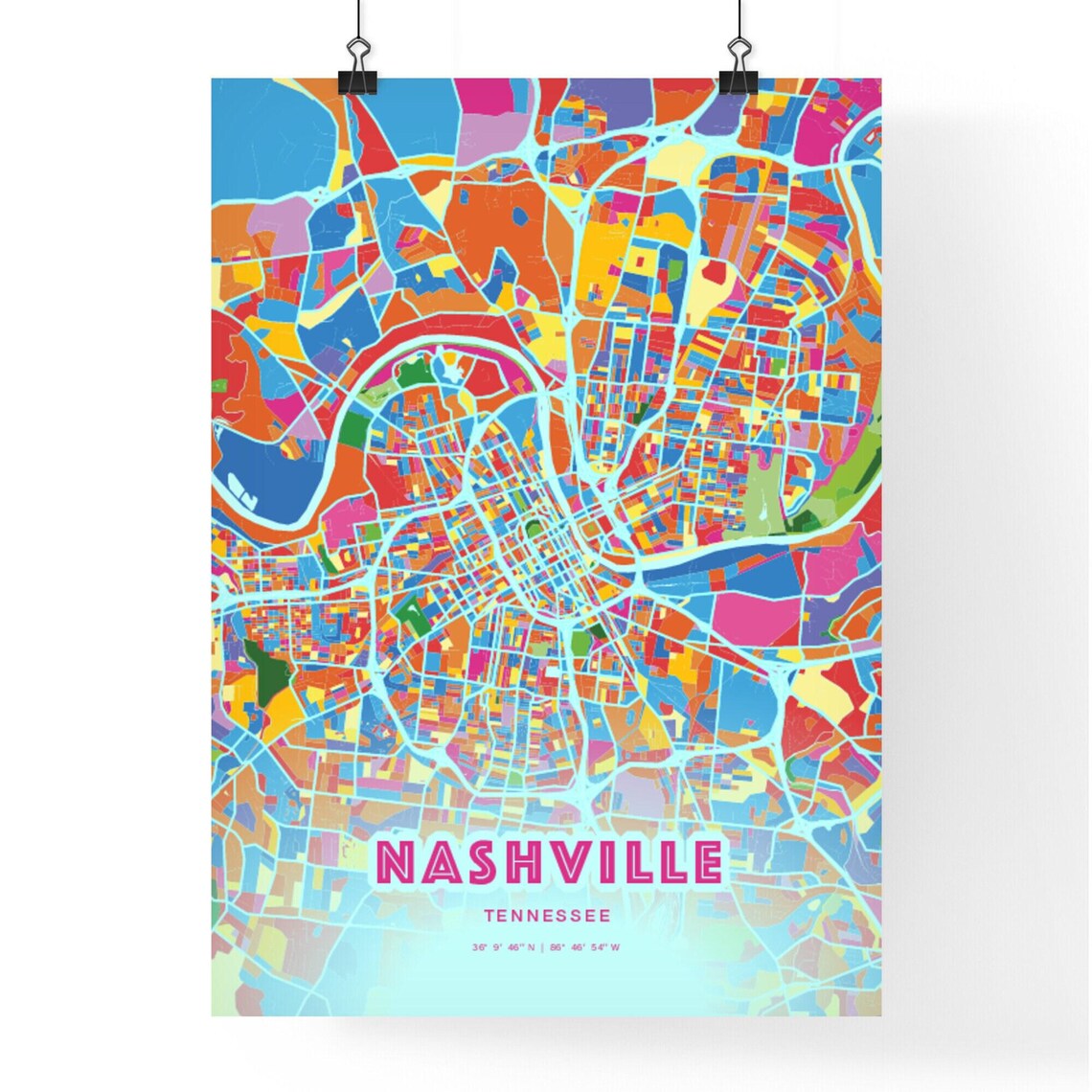 Nashville Tennessee Colorful City Map Art Poster in Pink and Turquoise - Image 3