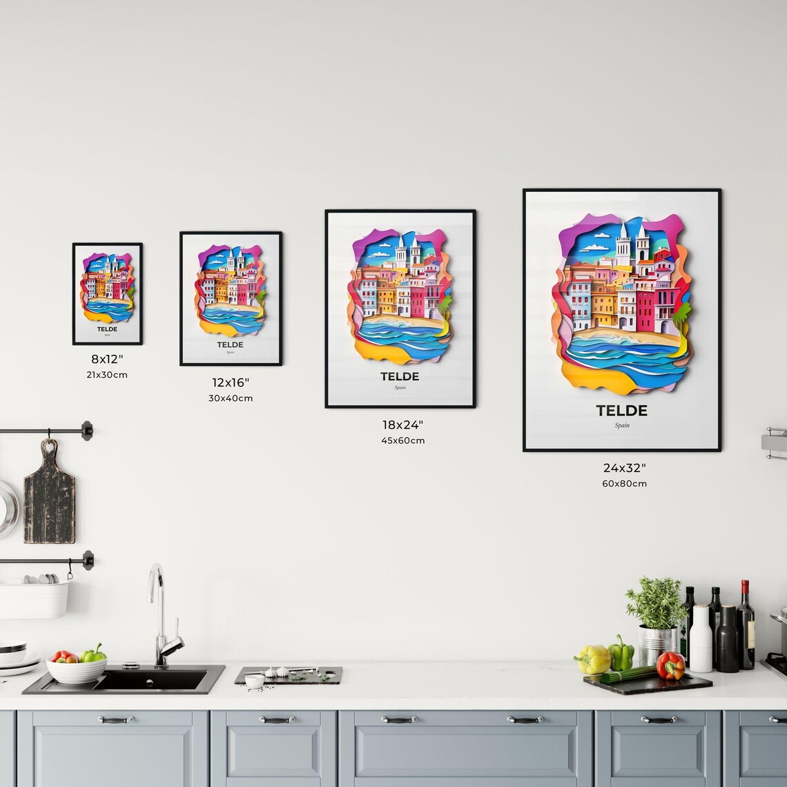 Telde Spain Beach Waves Twin Church Towers Paper Cut Art Poster - Image 3