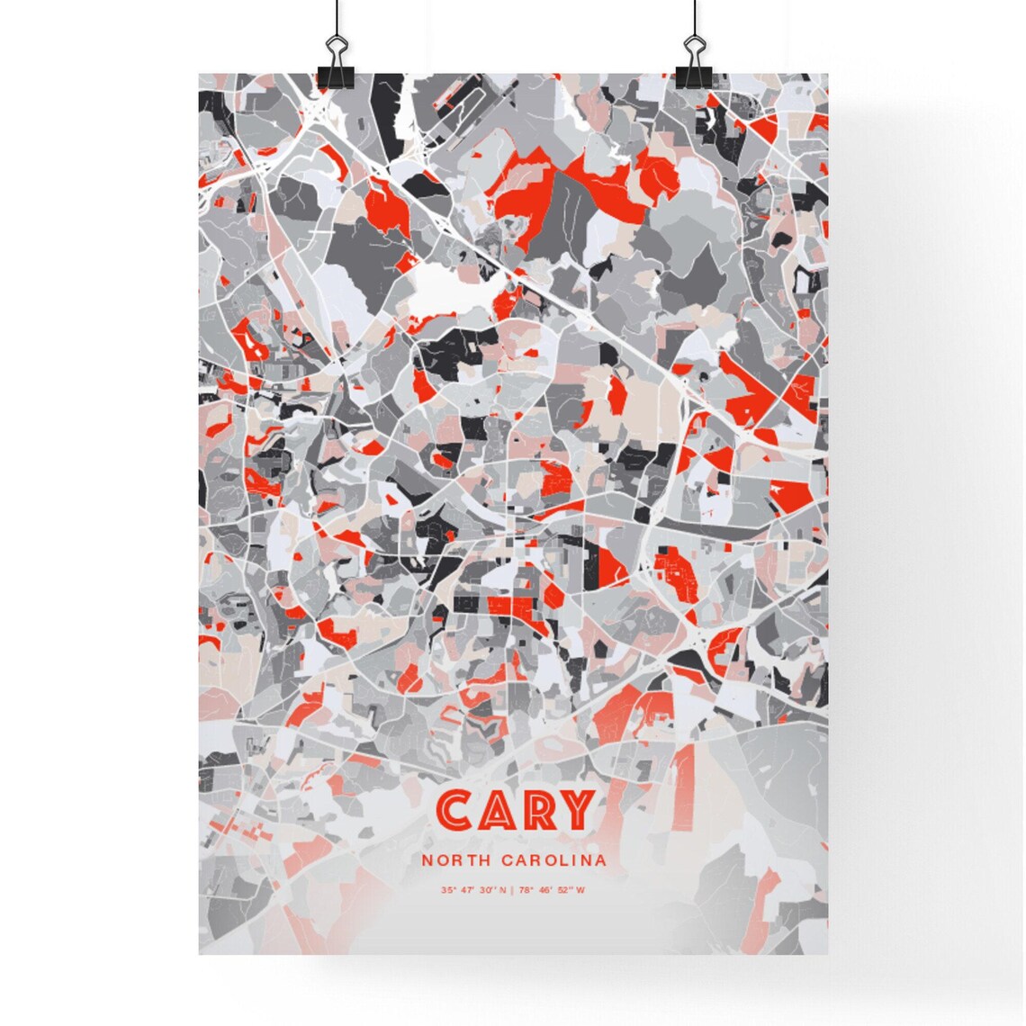 Cary North Carolina Modern Map Art Poster Red Gray Expressive Street Style - Image 3