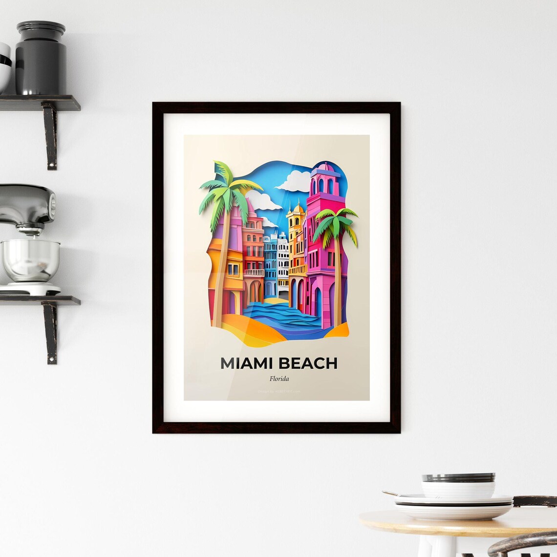 Miami Beach Florida Art Deco Street Scene Paper Cut Travel Poster - Image 2