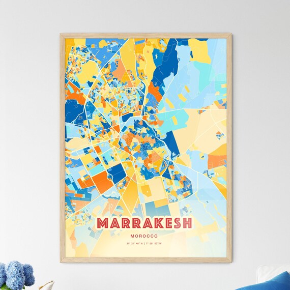 Marrakesh Morocco City Map Blue Orange Modern Cartography Art Poster