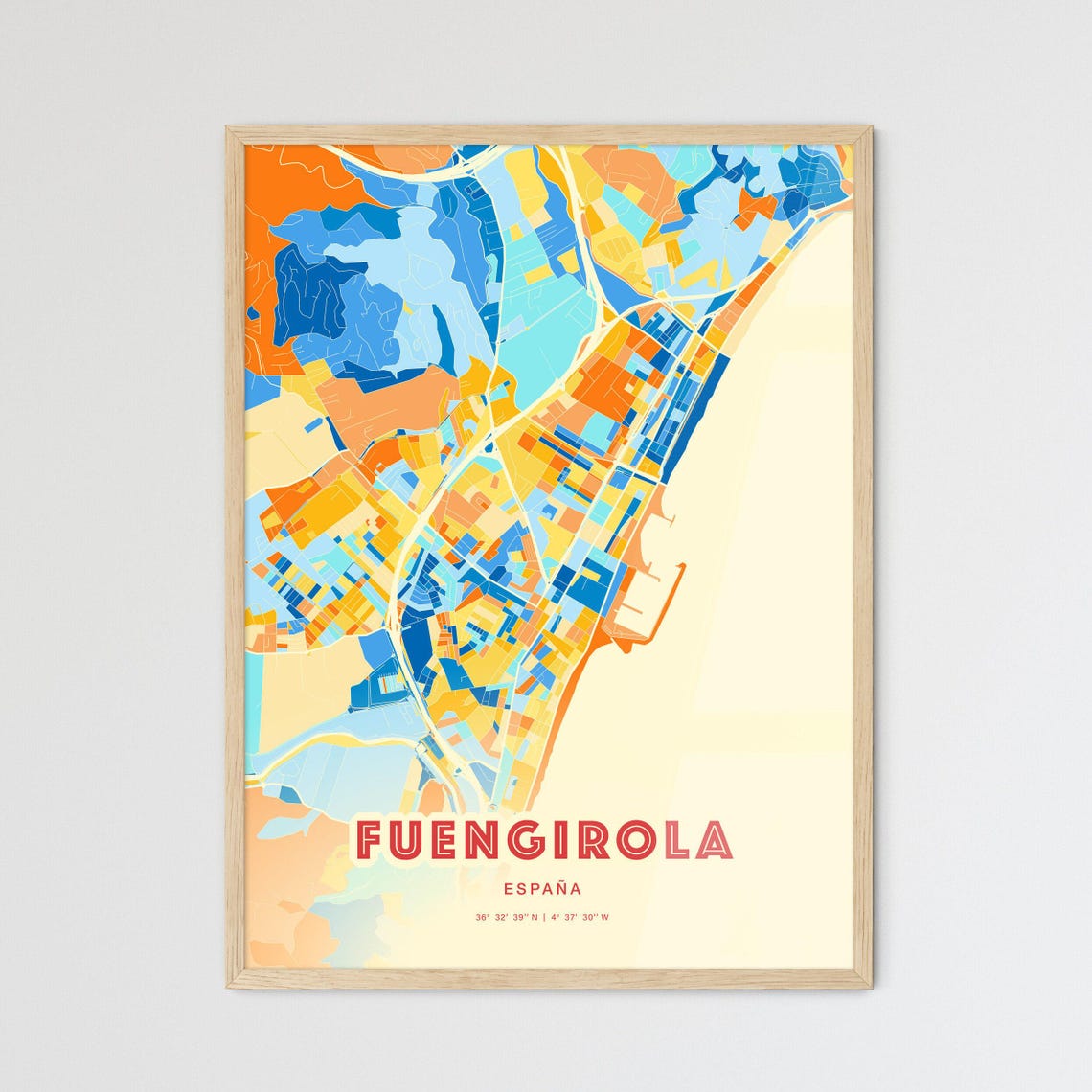 Fuengirola Spain Colorful Blue Orange City Street Map Poster