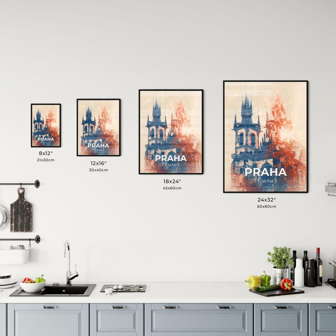 Praha Czechia Gothic Church Twin Towers Red Blue City Art Poster - Image 3