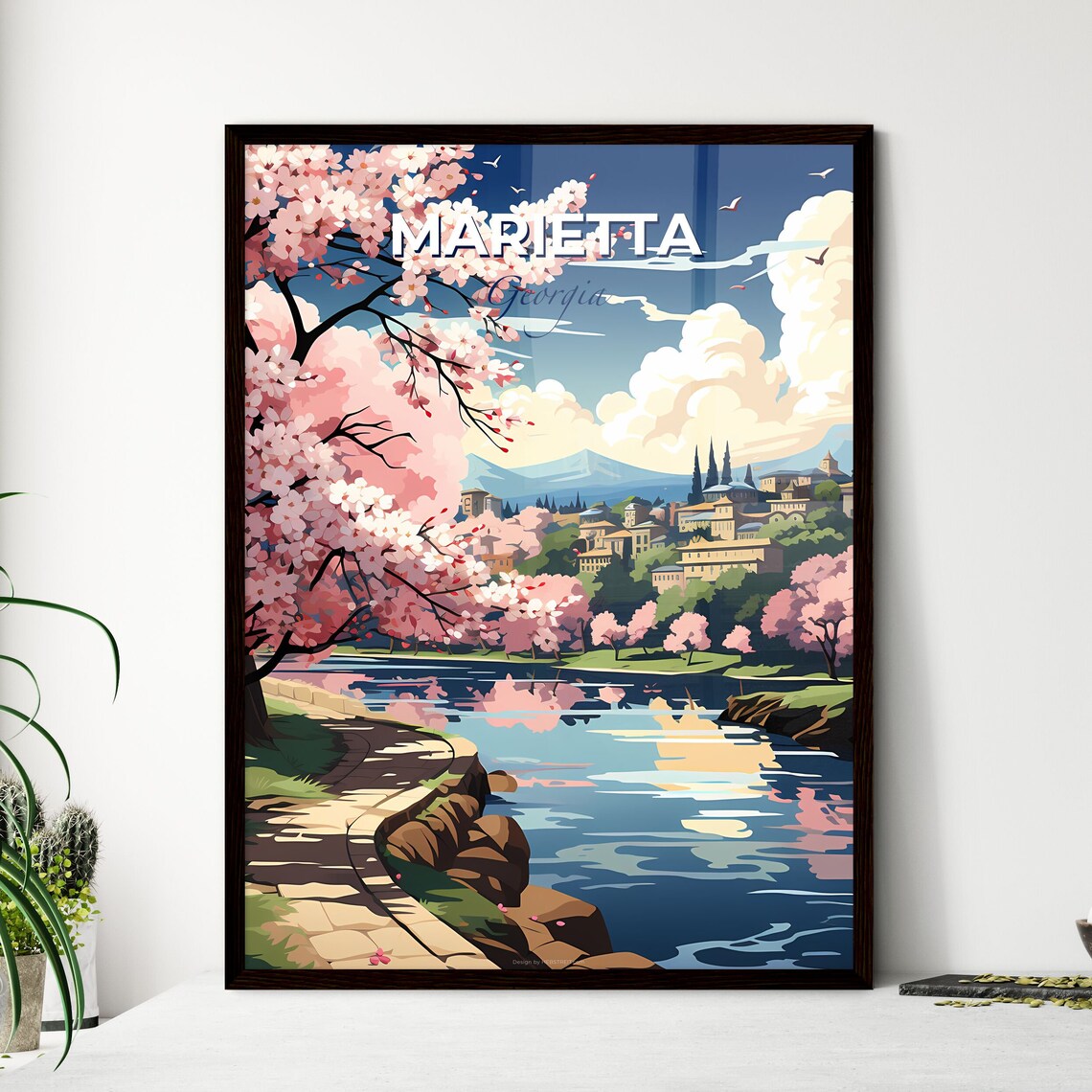 Marietta Georgia River Path Cherry Blossom Vintage Travel Poster