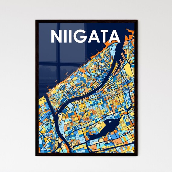 Niigata Japan Stylish Vibrant Blue and Orange Mosaic City Map Poster