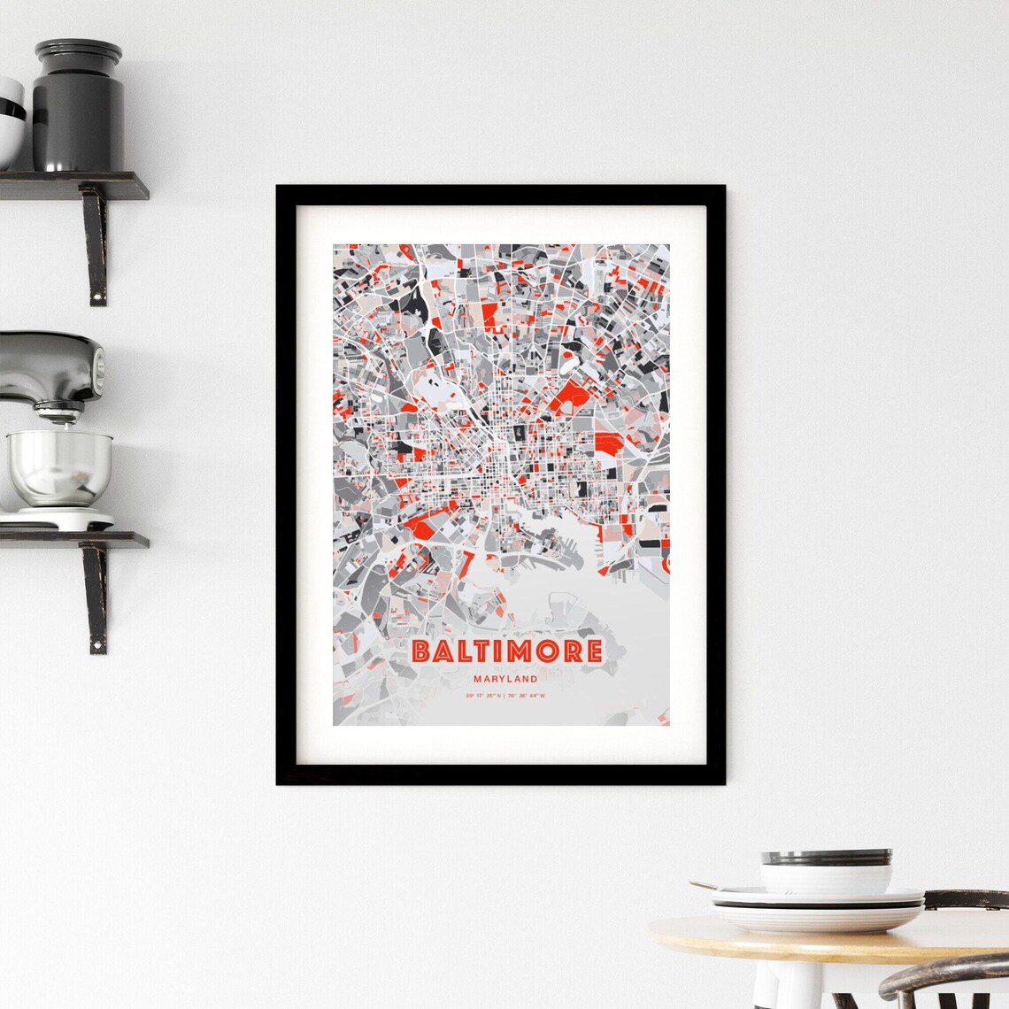 Baltimore Maryland Modern Red Abstract City Street Map Art Poster - Image 2