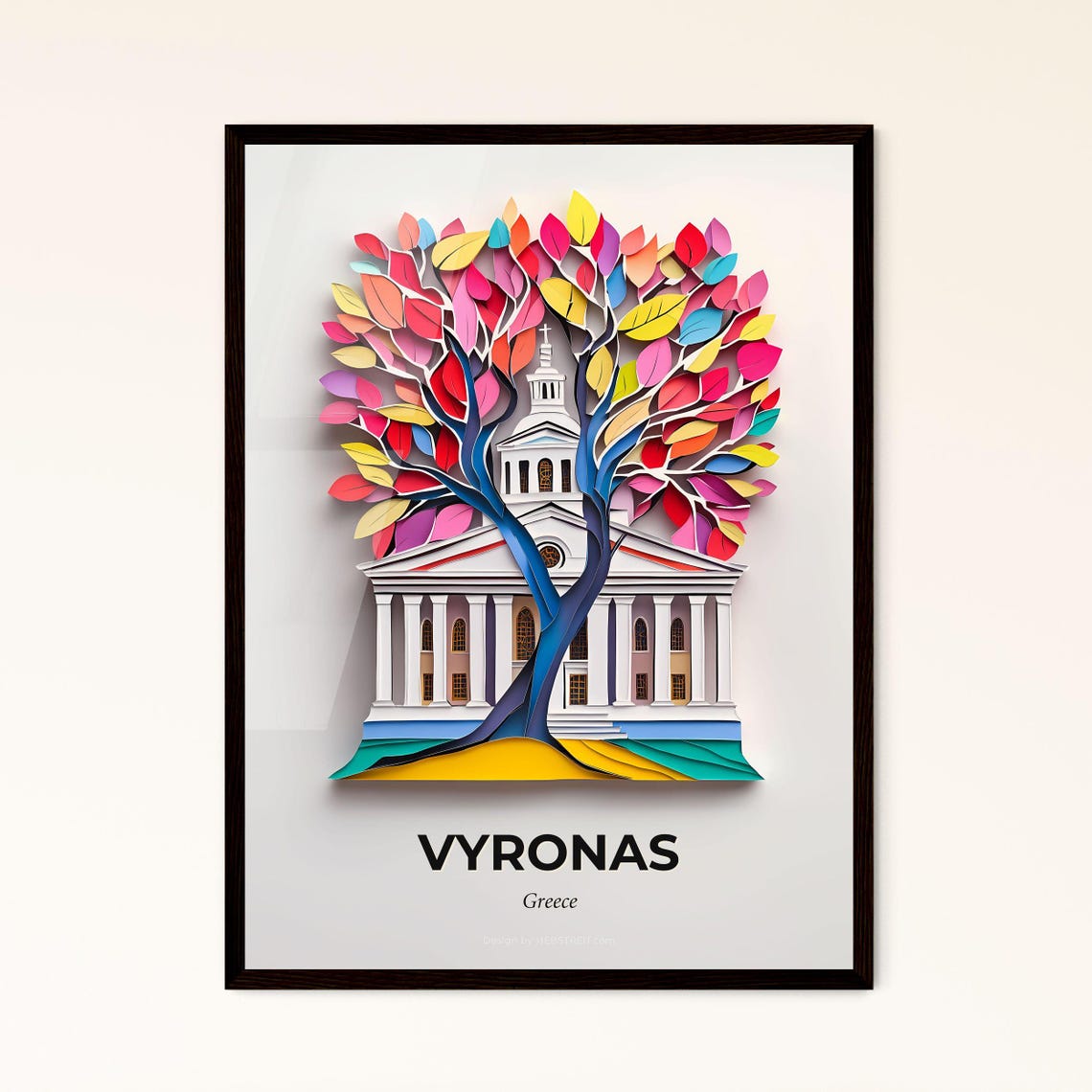 Vyronas Greece White Church Vivid Rainbow Tree Paper Cut Poster