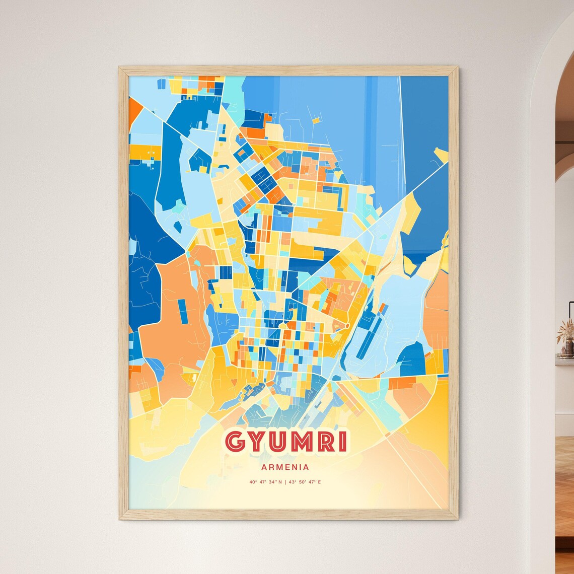 Gyumri Armenia Modern Colorful Abstract City Map Blue Orange Poster
