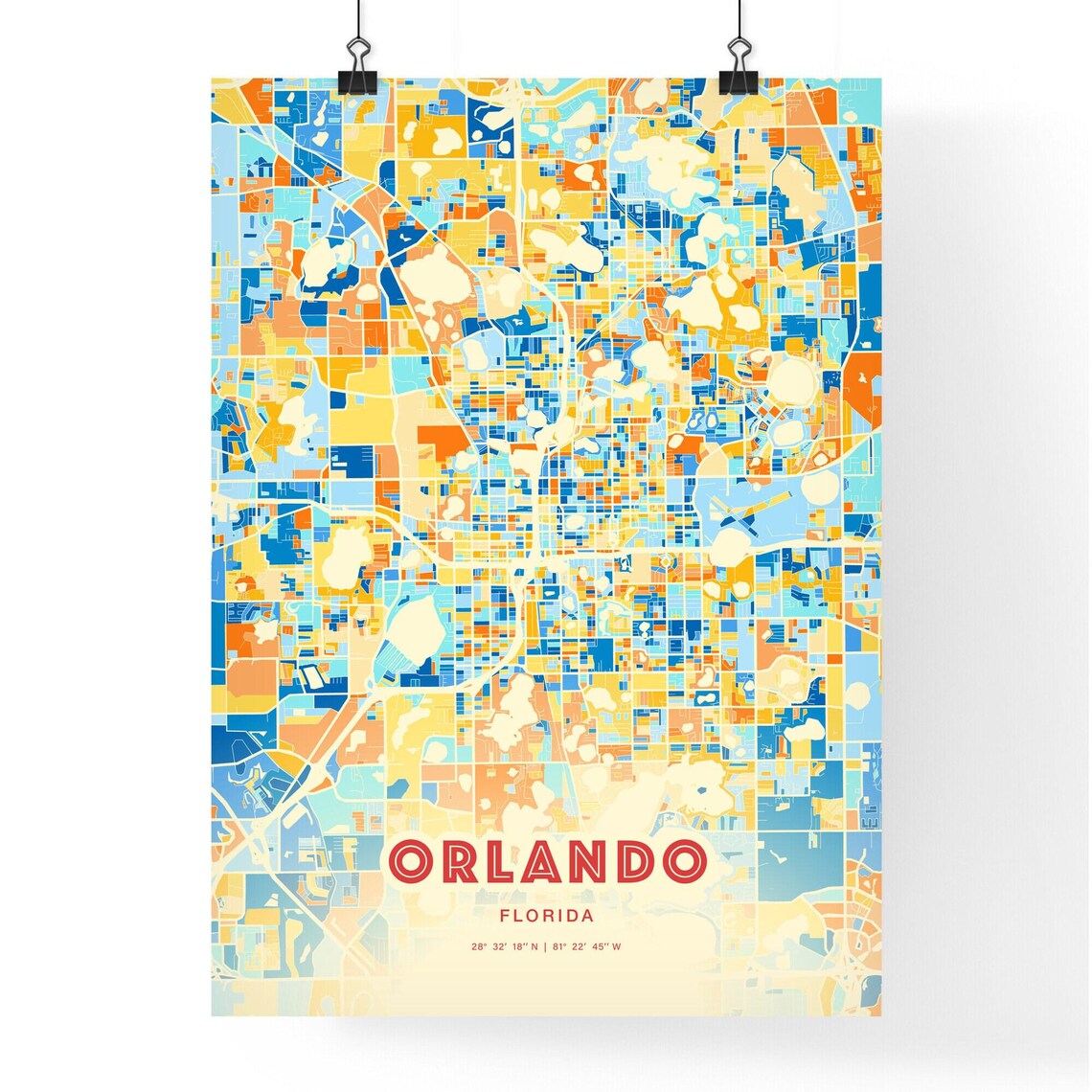 Orlando Florida Colorful Blue Orange Abstract City Map Art Poster - Image 3