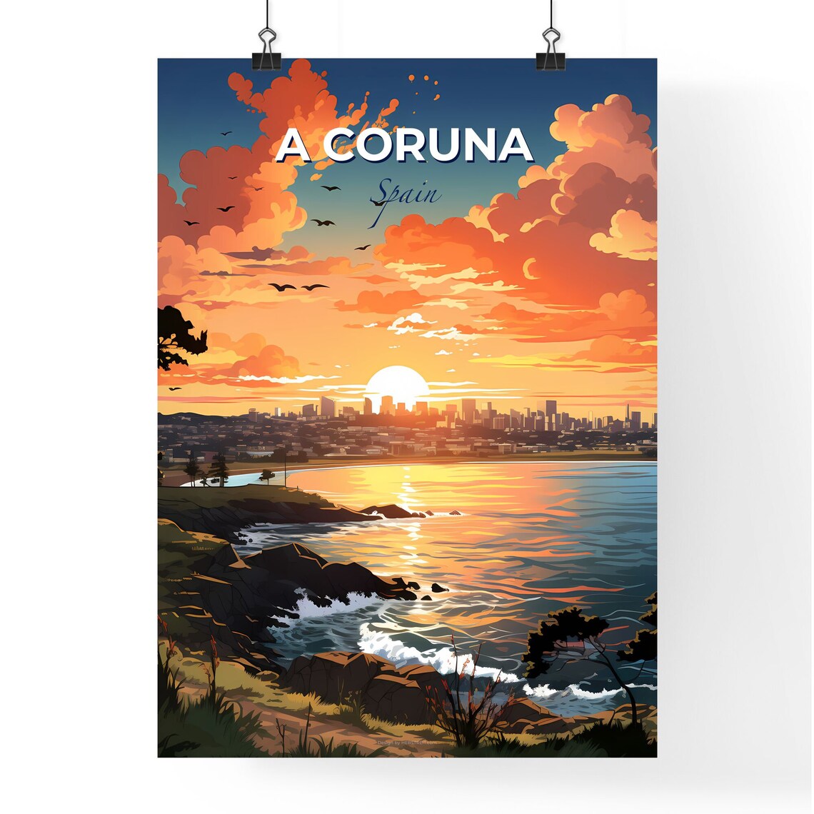 A Coruna Spain Sunset Coast City Skyline Ocean Travel Poster - Image 4