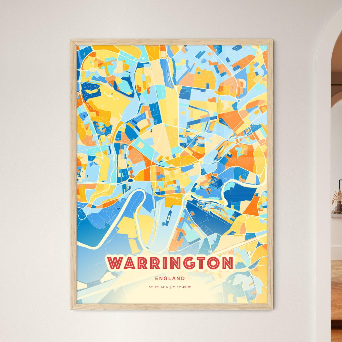 Warrington England Colorful Blue Orange City Street Map Art Poster