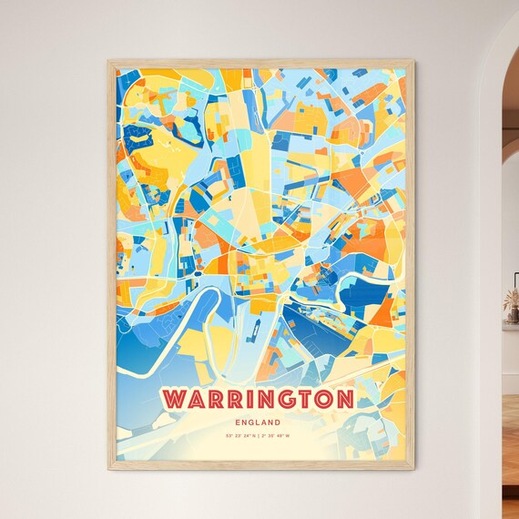 Warrington England Colorful Blue Orange City Street Map Art Poster