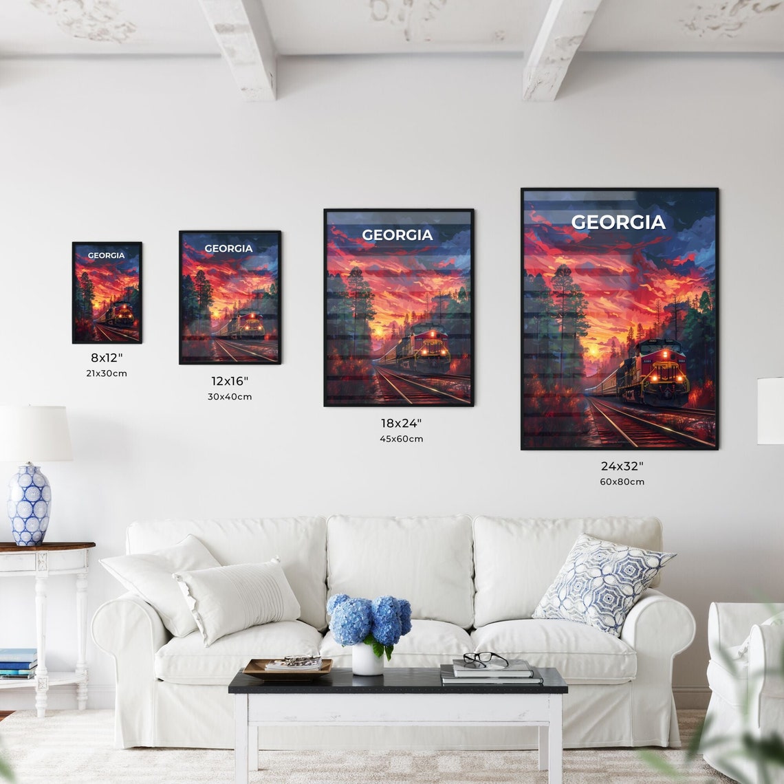 Georgia Red Freight Train Forest Sunset Dramatic Sky Travel Poster - Image 3
