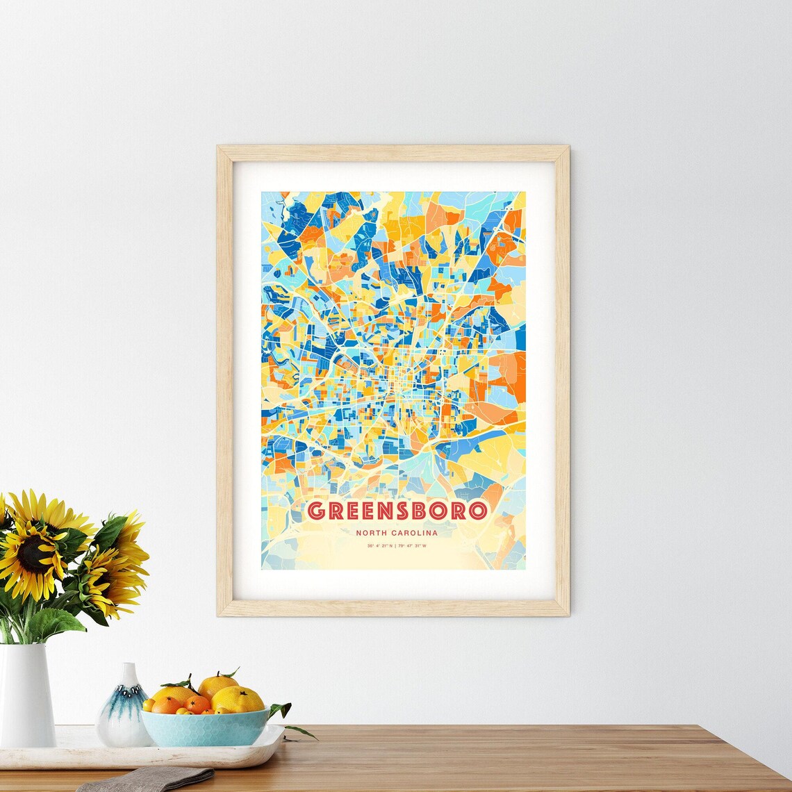 Greensboro North Carolina City Map Blue Orange Cartography Poster - Image 2