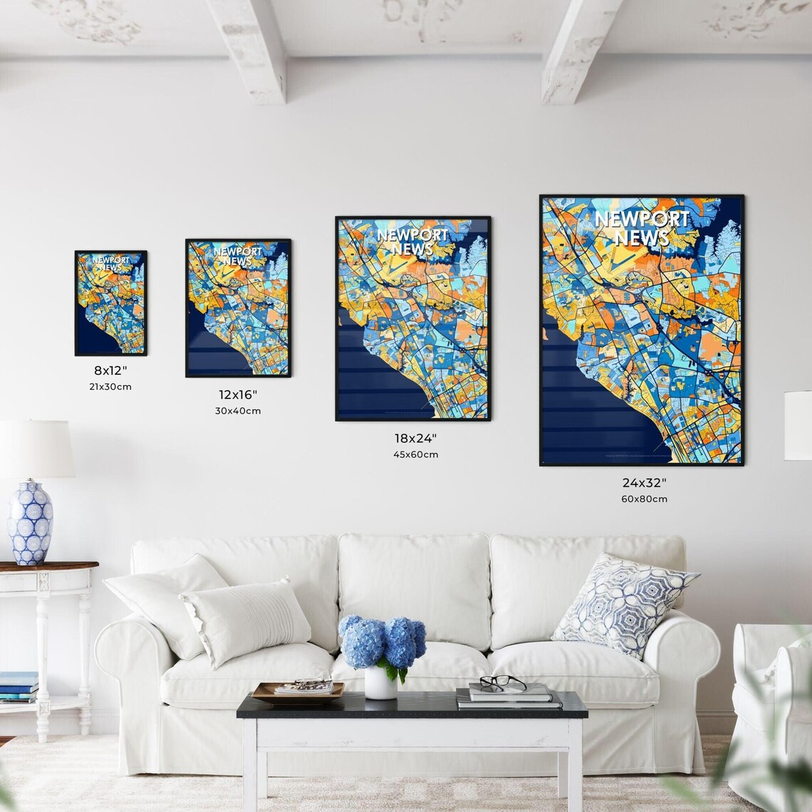 Newport News Virginia Vibrant Blue Orange City Map Art Poster - Image 3
