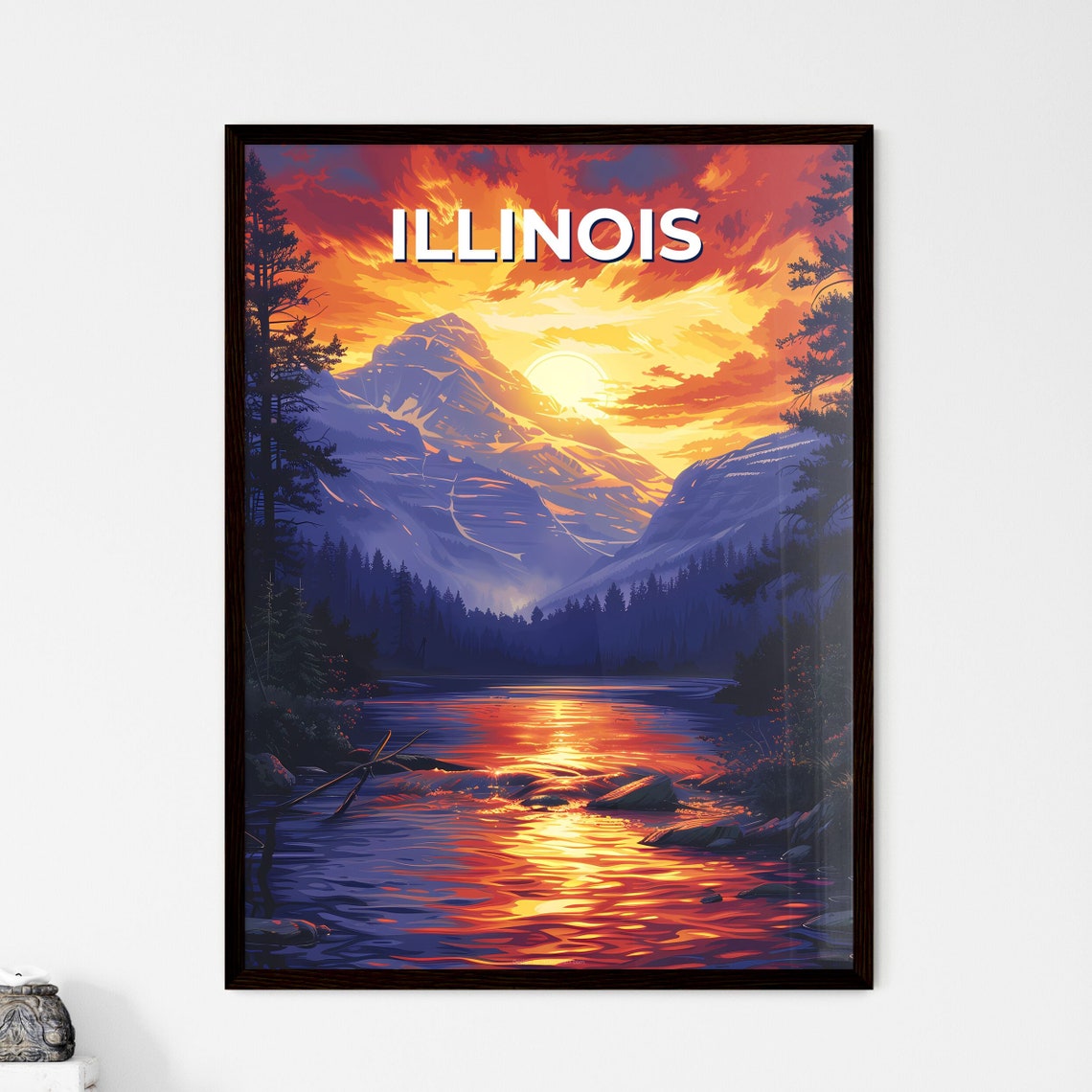 Illinois Mountain River Sunset Fiery Sky Pines Vintage Travel Poster