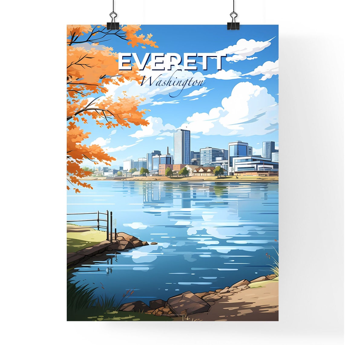 Everett Washington Autumn Waterfront Skyline Reflection Poster - Image 4