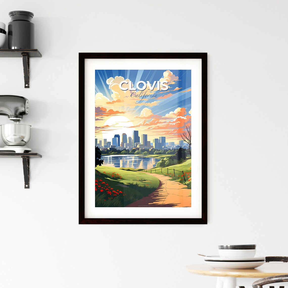 Clovis California Sunset Skyline Lake Park Path Travel Poster - Image 2