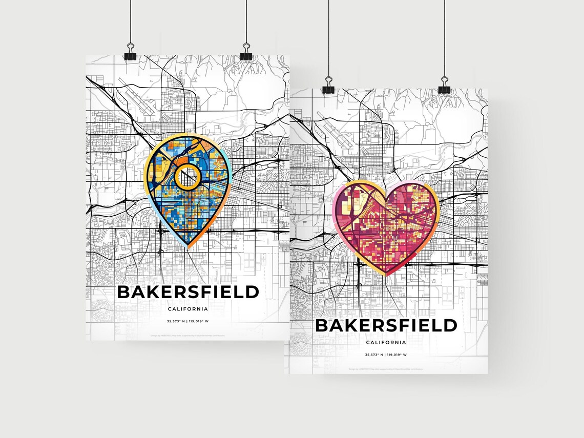 Bakersfield California Minimal City Map Colorful Heart Icon Art Poster - Image 2