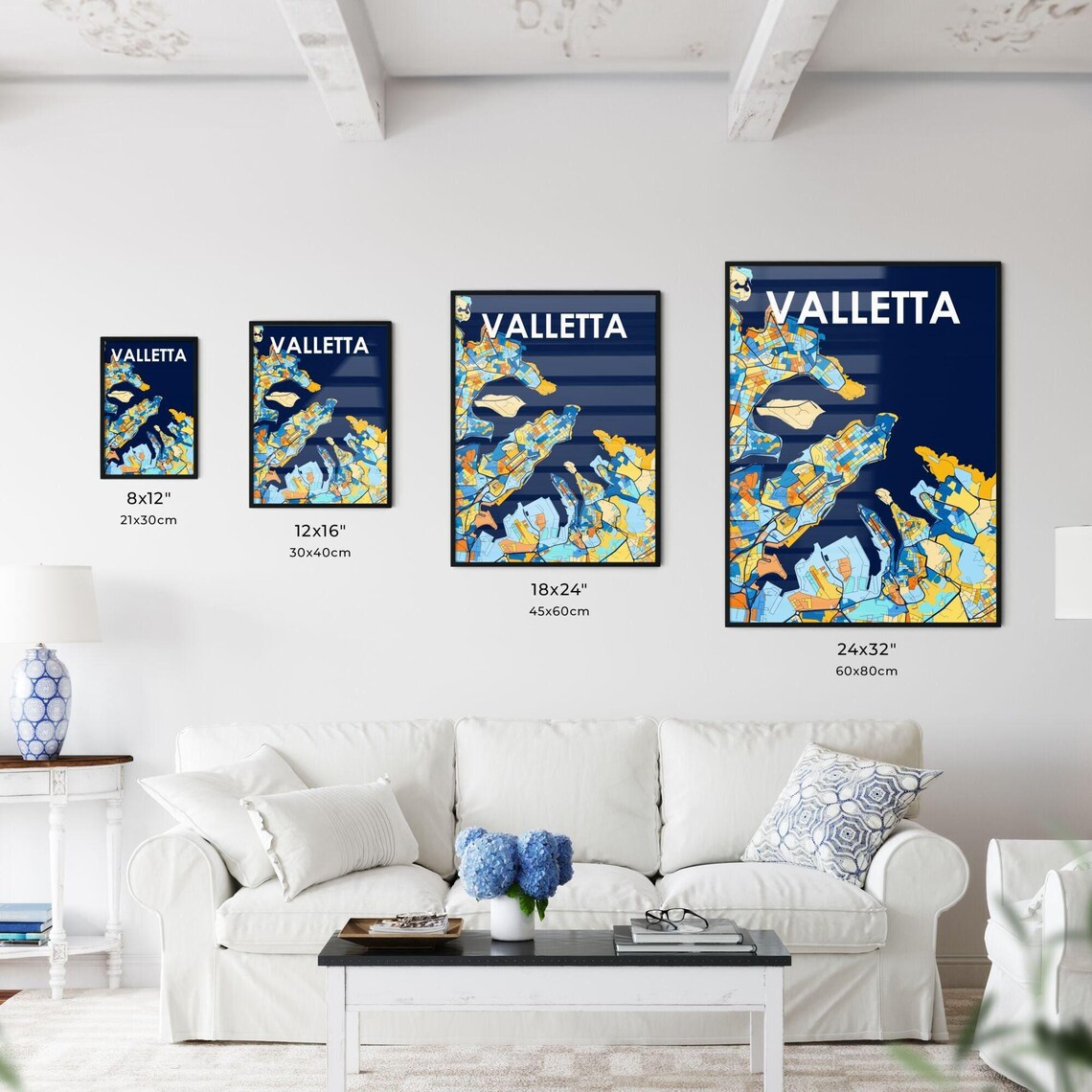 Valletta Malta Colorful Blue and Orange Coastal City Map Poster - Image 3