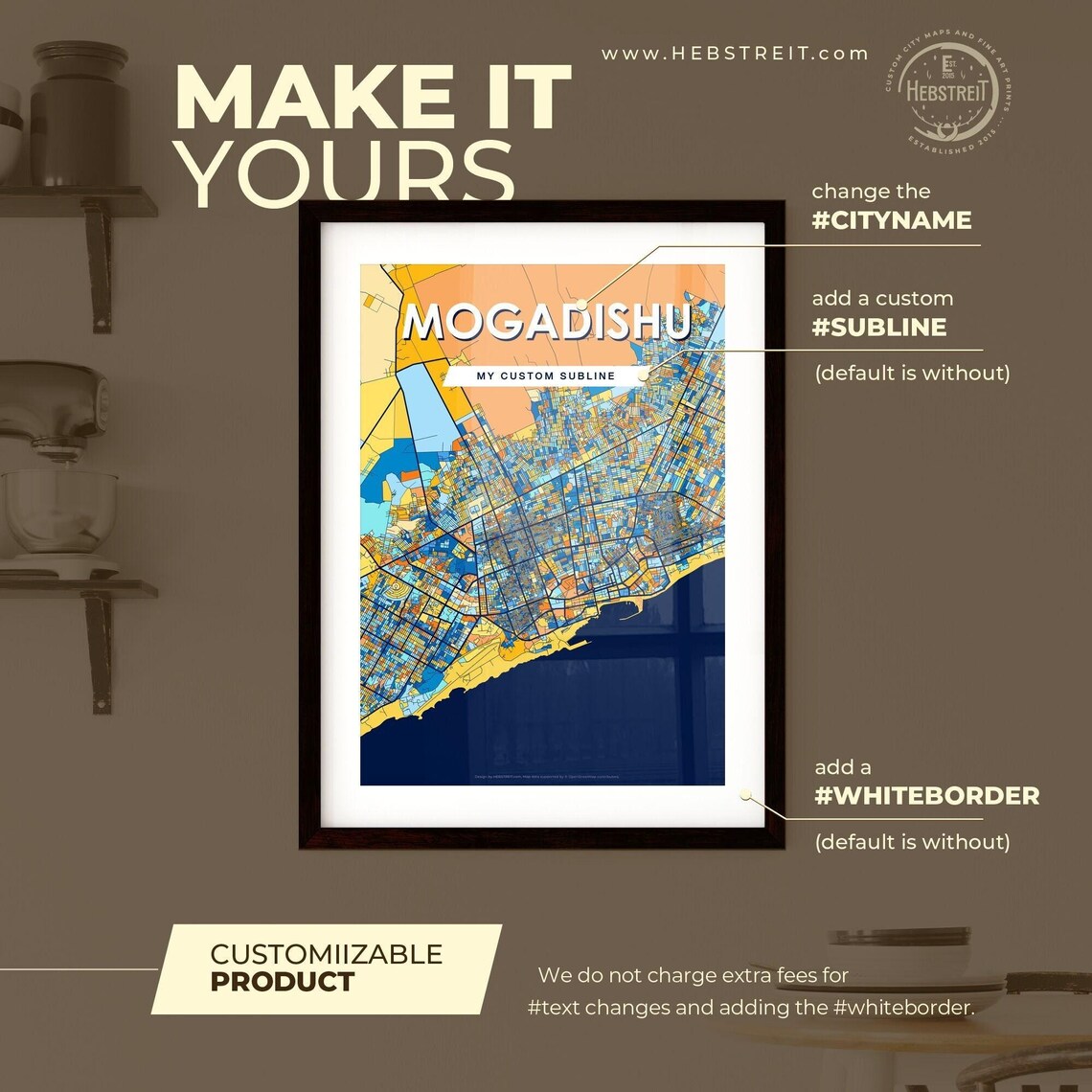 Mogadishu Somalia Bold Blue Orange City Map Wall Decor Poster - Image 2