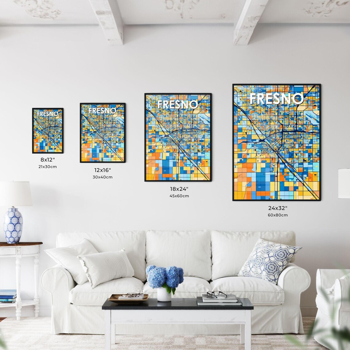 Fresno California Vibrant Colorful Geometric Street Grid City Map Art Poster - Image 3