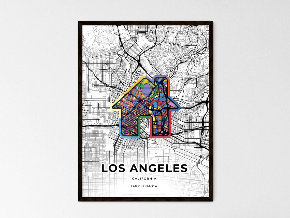 Los Angeles California Minimal City Map Colorful Heart Icon Art Poster - Image 3