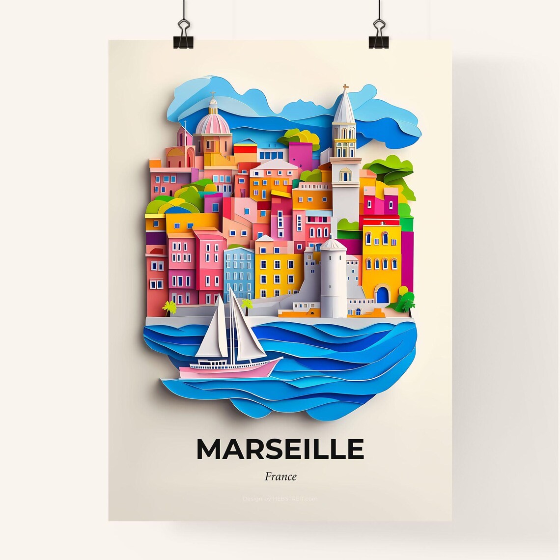 Marseille France Colorful Paper Cut Harbor Sailboat Travel Poster - Image 4
