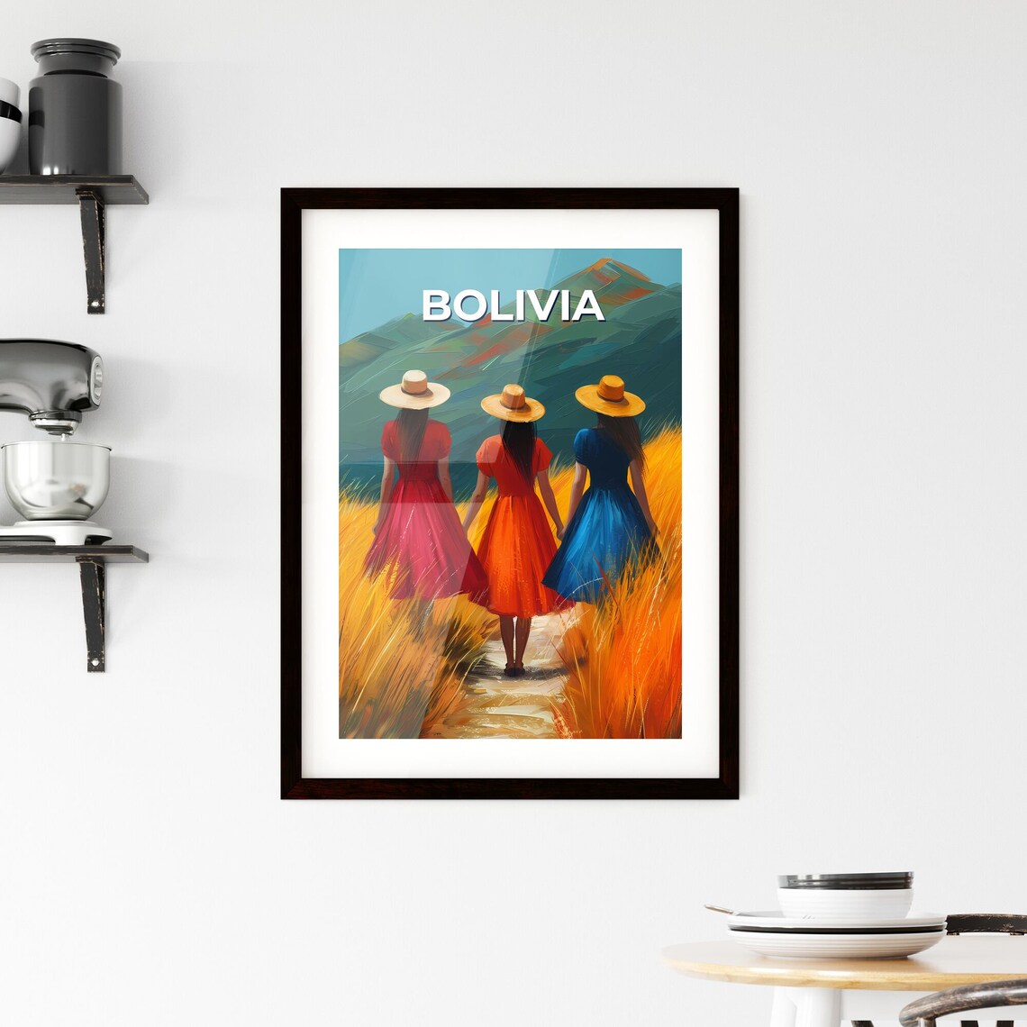 Bolivia Three Women Straw Hats Mountain Fields Vintage Travel Poster - Image 2