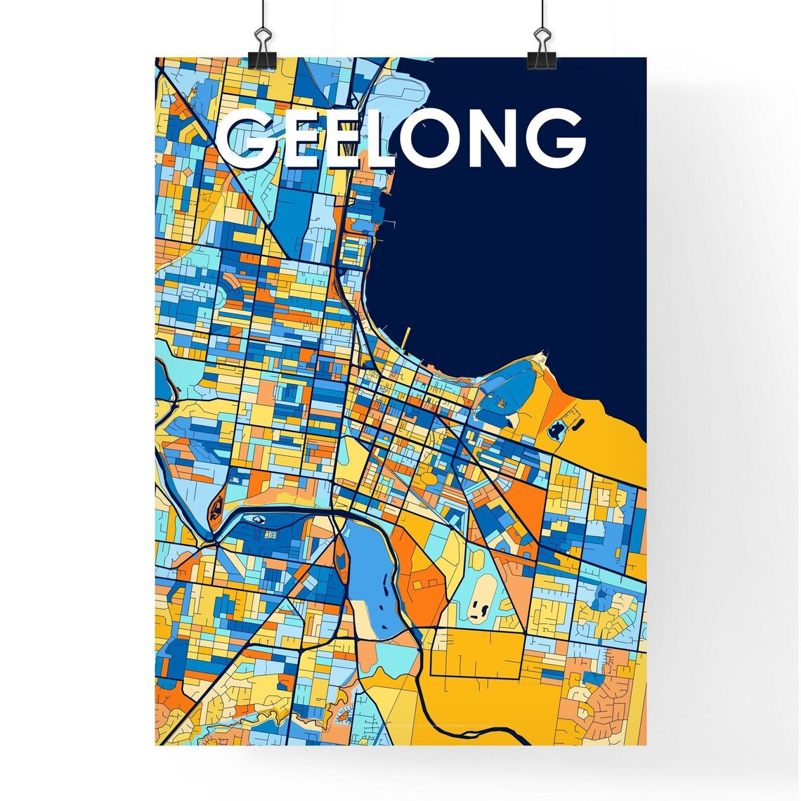 Geelong Australia Stylish Vibrant Blue and Orange Mosaic City Map Poster - Image 4