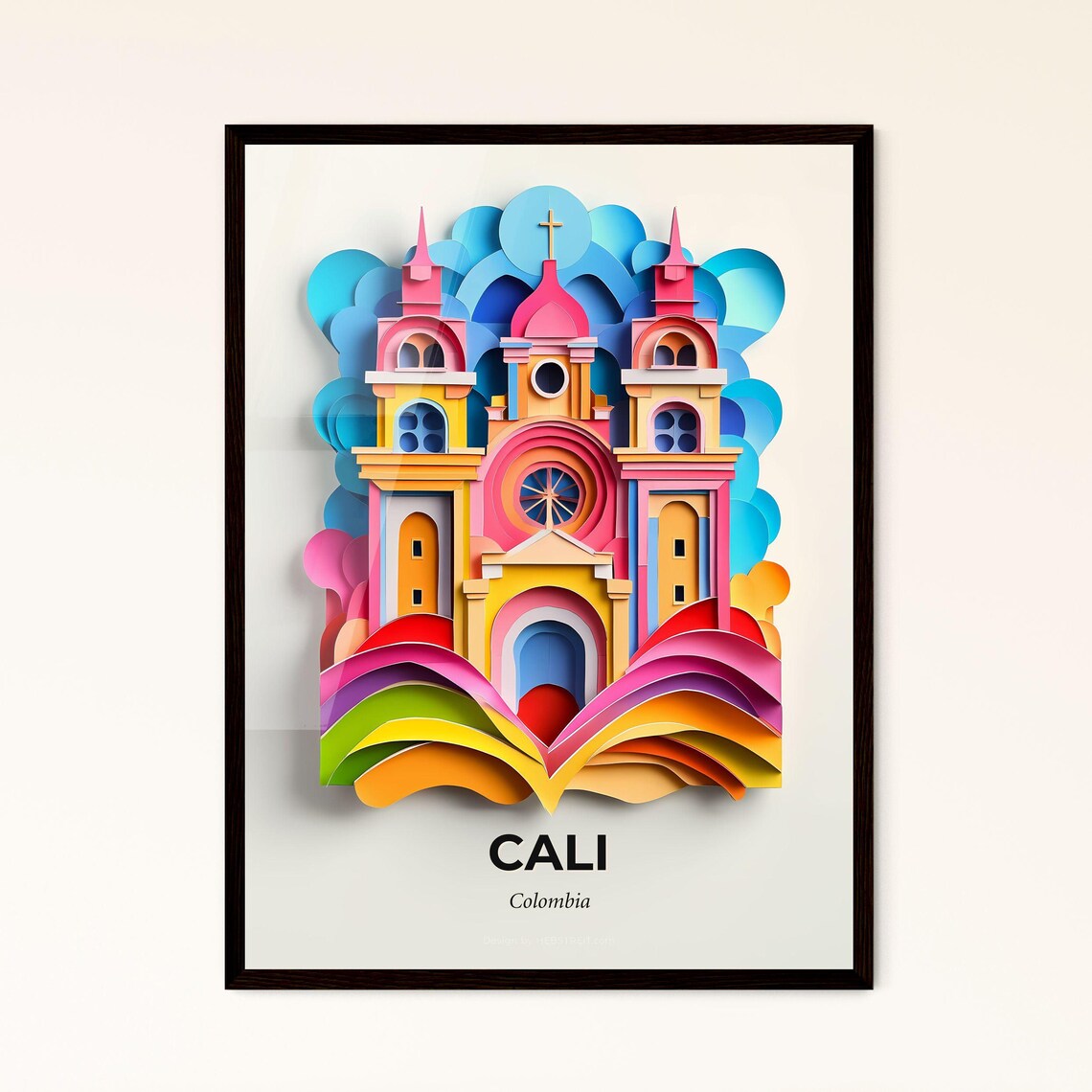 Vibrant Cali Colombia Cathedral Rainbow Papercut City Poster