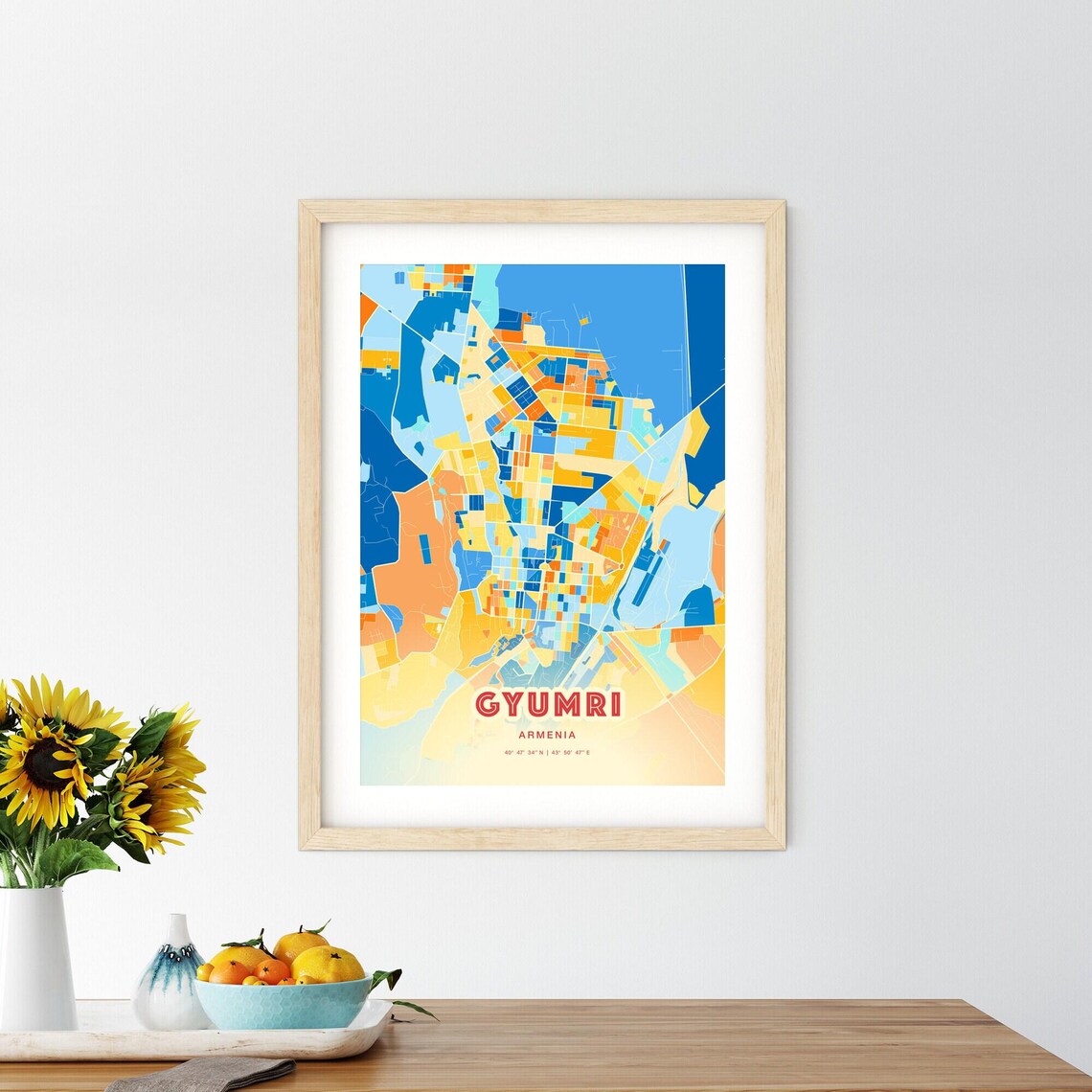 Gyumri Armenia Modern Colorful Abstract City Map Blue Orange Poster - Image 2