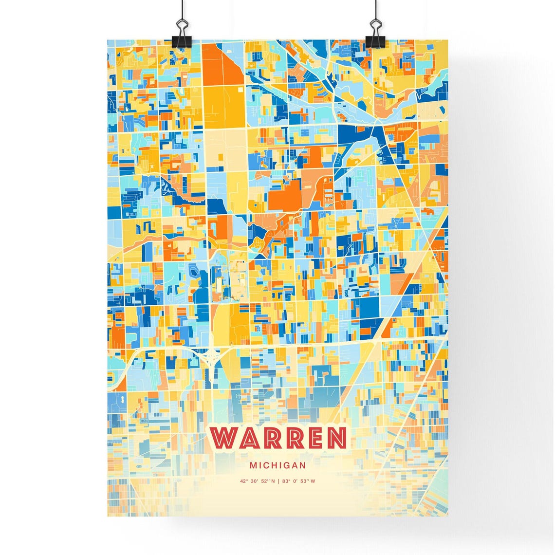 Warren Michigan Vibrant Colorful City Map Art Coordinates Poster - Image 3