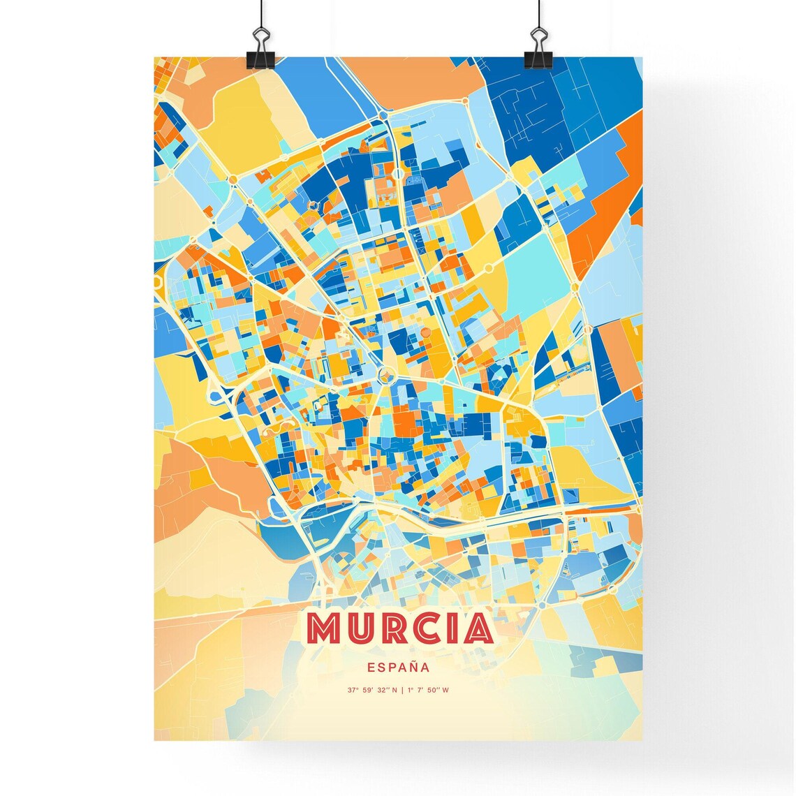 Murcia Spain Colorful Blue Orange City Map Art Poster with Coordinates - Image 3