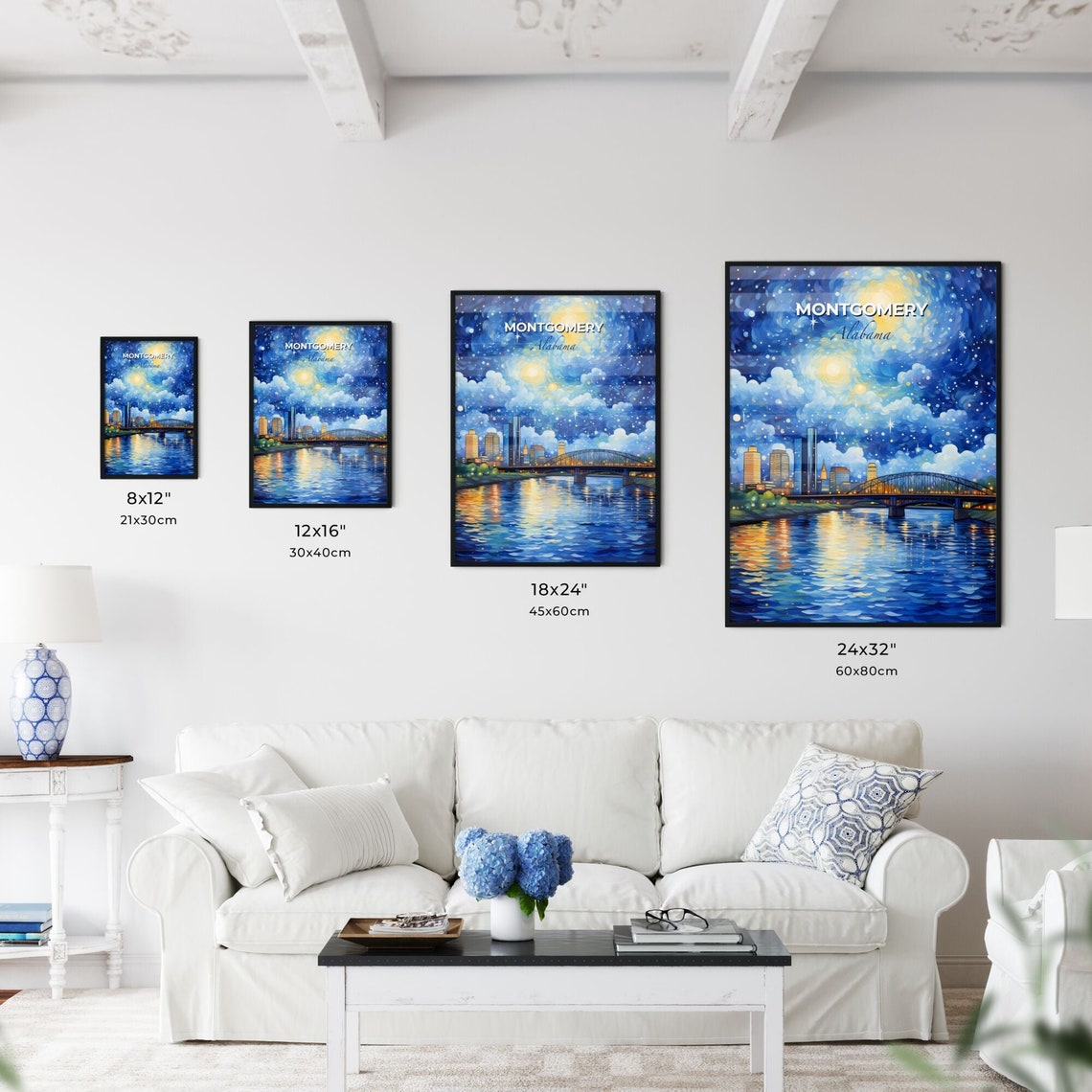 Montgomery Alabama Starry Night River Bridge Skyline Travel Poster - Image 3