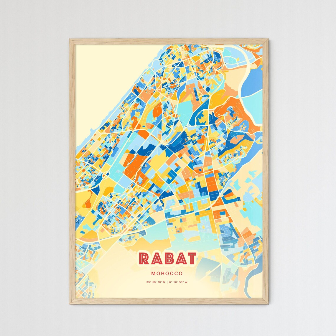 Rabat Morocco Colorful Blue and Orange City Street Map Poster