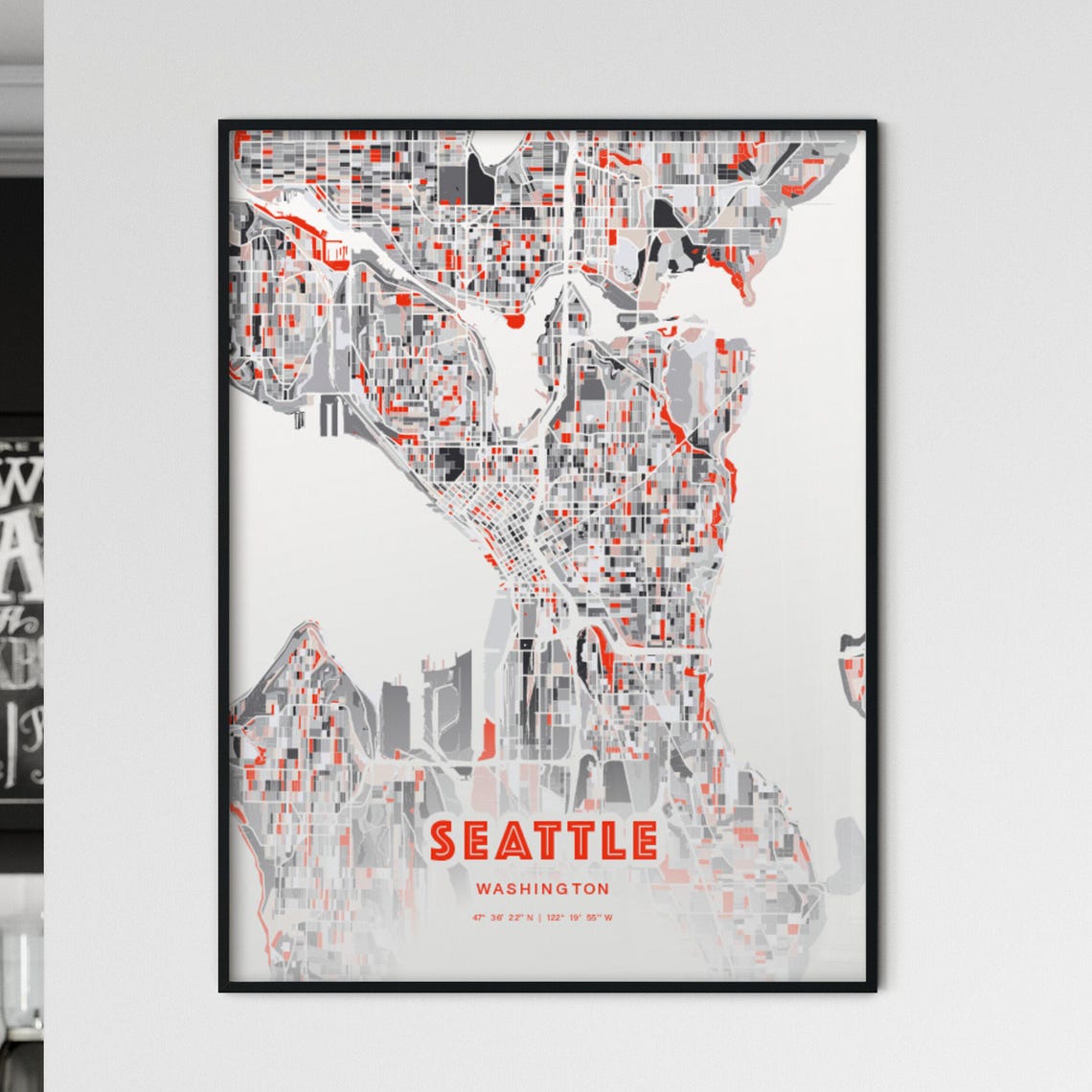 Seattle Washington Expressive Red and Black City Map Artwork Poster