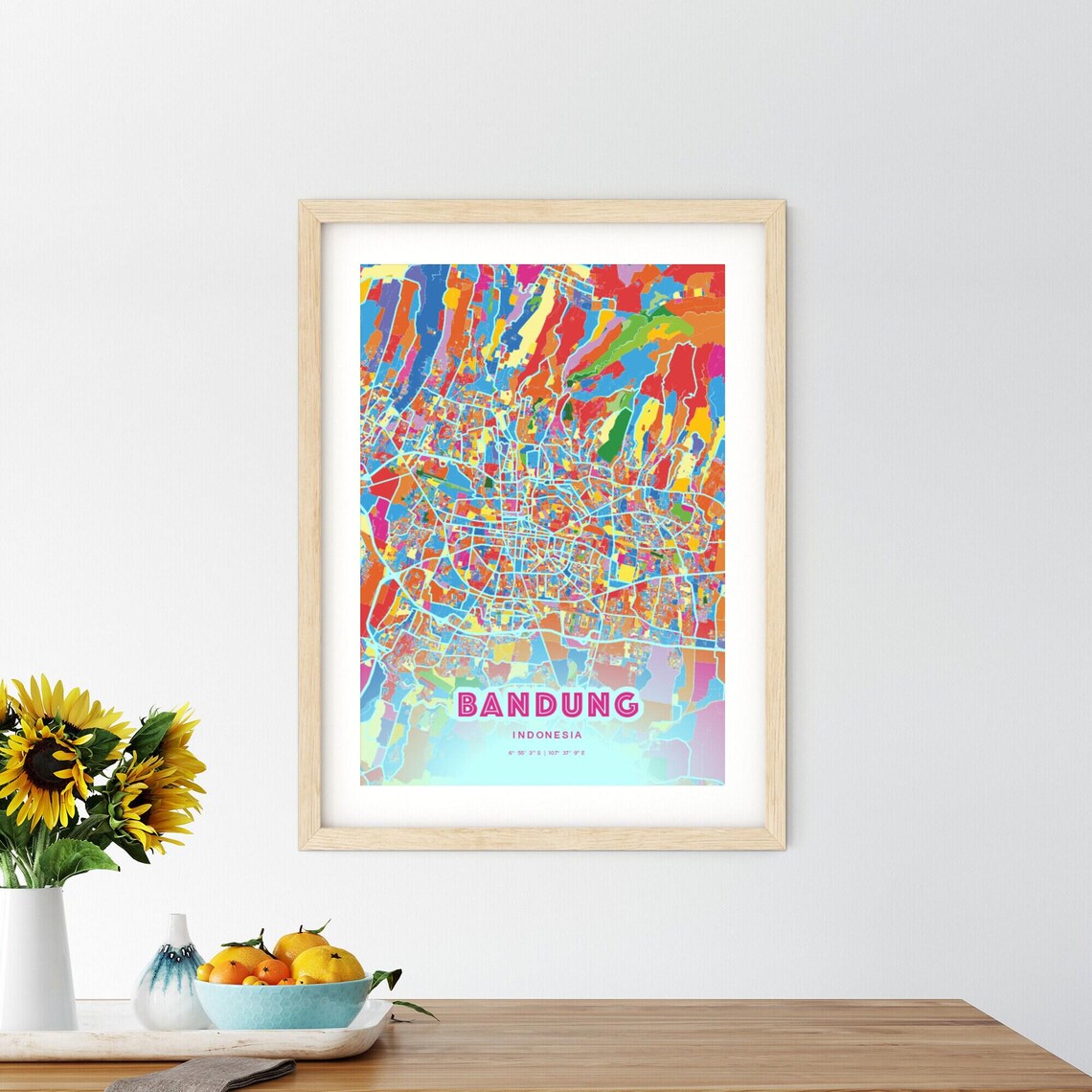 Bandung Indonesia Colorful City Map Art Poster in Pink and Turquoise - Image 2