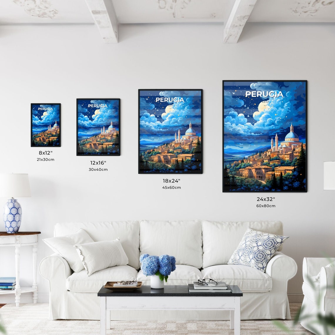 Perugia Italy Night Skyline Poster Moonlit Hill Town Cathedral Decor - Image 3
