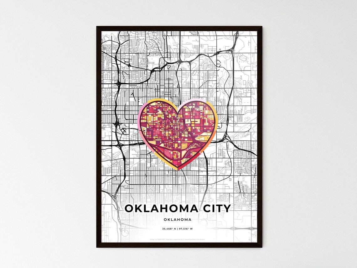 Oklahoma City Oklahoma Minimal Map Art With Colorful Heart Icon Poster
