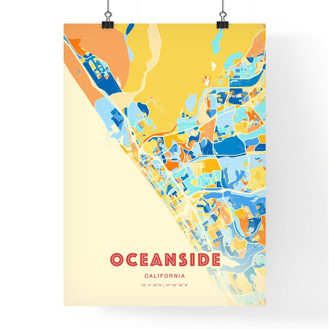 Oceanside California Colorful Blue and Orange City Map Art Poster - Image 3