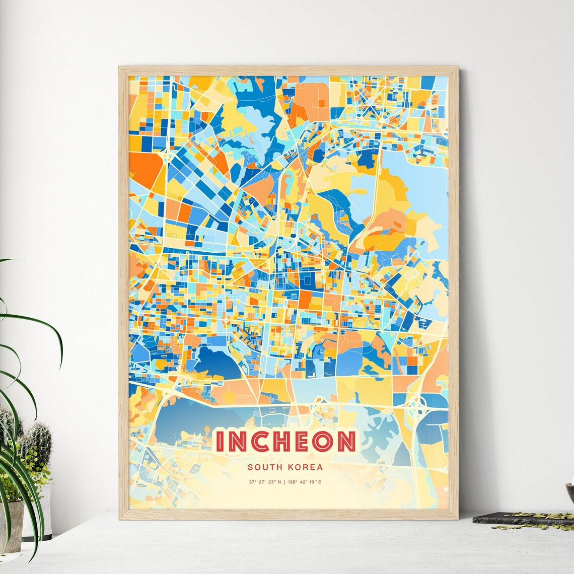 Incheon South Korea Colorful Blue Orange City Map Art Poster