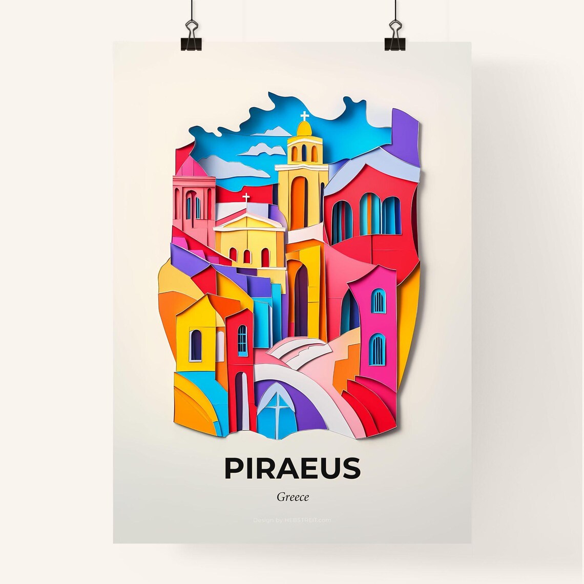 Piraeus Greece Colorful Paper Cut Church Town Travel Art Poster - Image 4