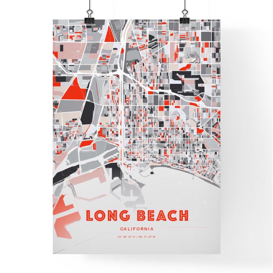 Long Beach California Modern Red Gray Expressive City Map Poster Customizable - Image 3