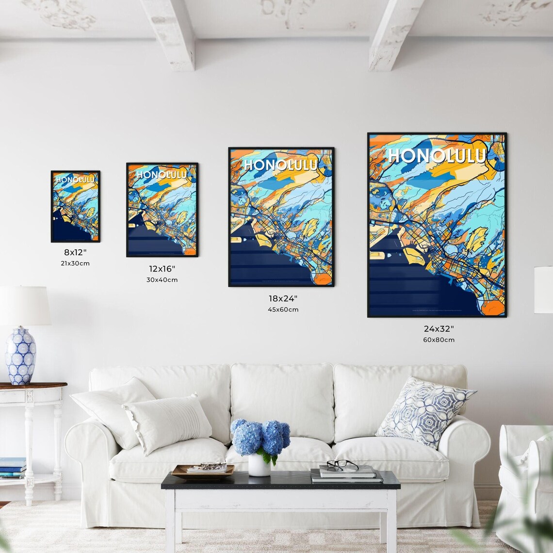 Honolulu Hawaii Vibrant Colorful Geometric Street Grid City Map Art Poster - Image 3