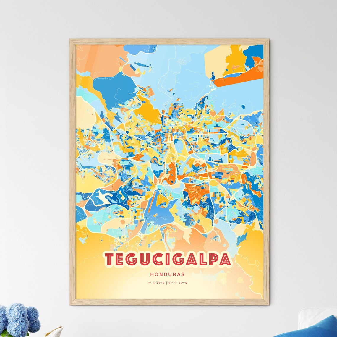 Tegucigalpa Honduras Colorful Blue and Orange Retro City Street Map Wall Art - Image 3