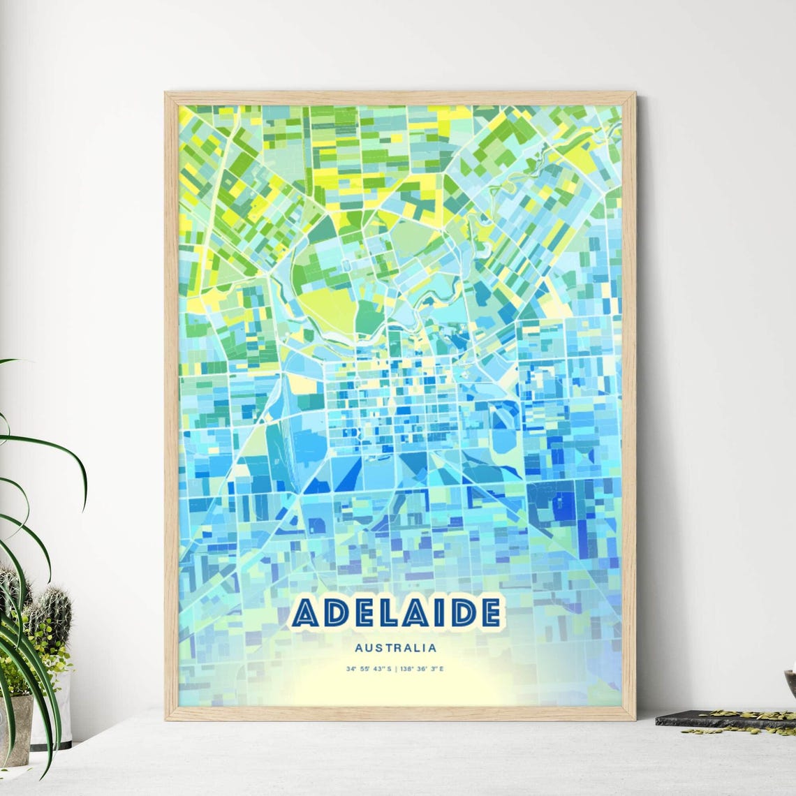 Adelaide Australia Pastel Blue City Map Art with Coordinates Poster
