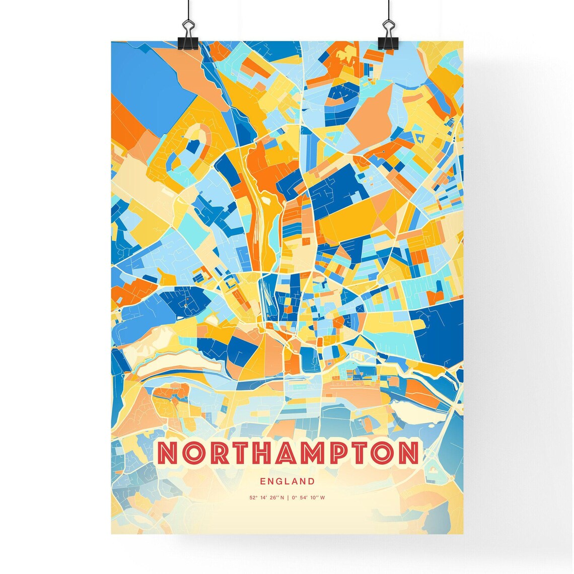Northampton England Colorful Blue Orange City Street Map Art Poster - Image 3