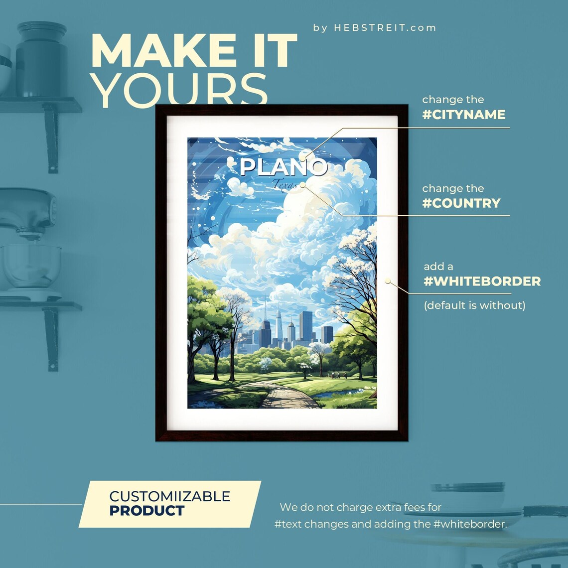 Plano Texas Travel Poster Park Path Skyline Spring Blossoms Illustration Art - Image 2